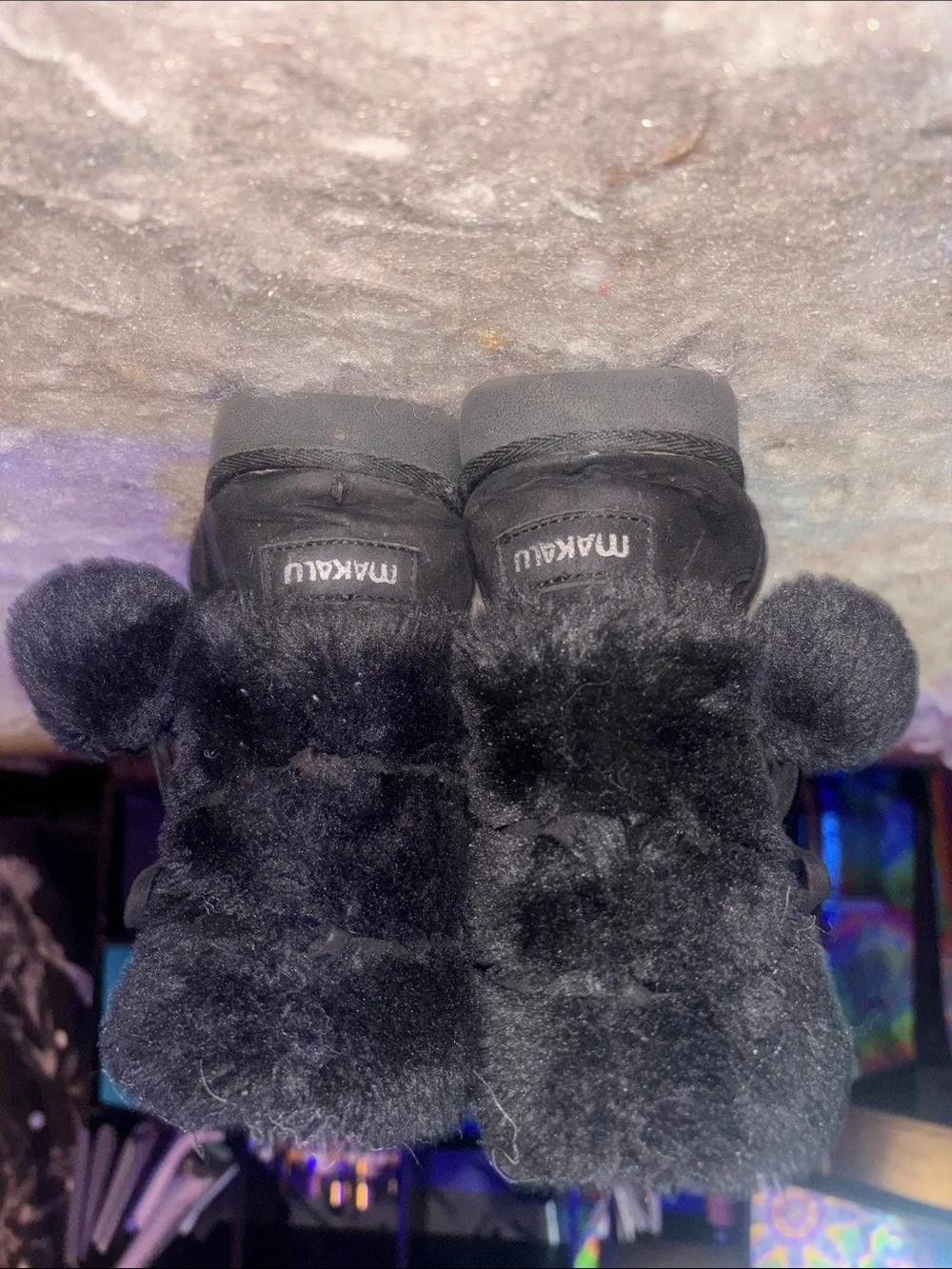 Women’s Black Faux-Fur Ankle Winter Boots with Pom Pom Detail